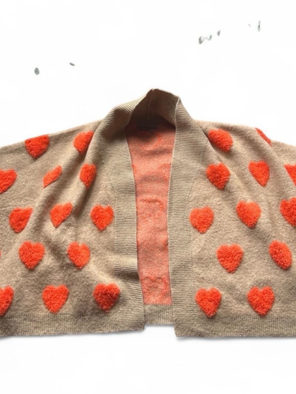 Anthropologie batwing Heart-Pattern Beige and Orange Cozy Cardigan Jacket